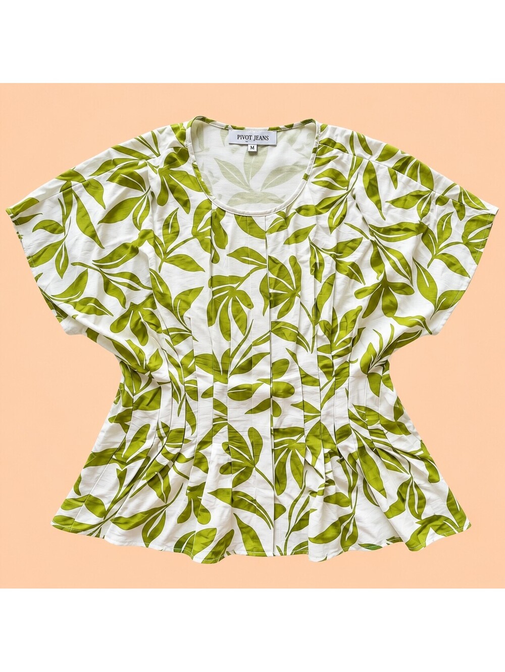 Sweet Rain Womens 2XL Green White Tropical Leaf Print Dolman Peplum Blouse